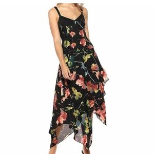 BCBGMaxAzria Black Floral Asymmetrical Slip Dress